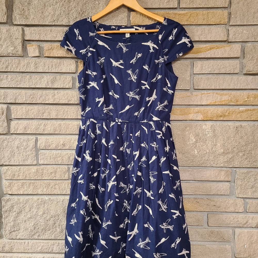 Claudia EMILY AND FIN Twee Retro 50s Plane Print Dress SZ Medium